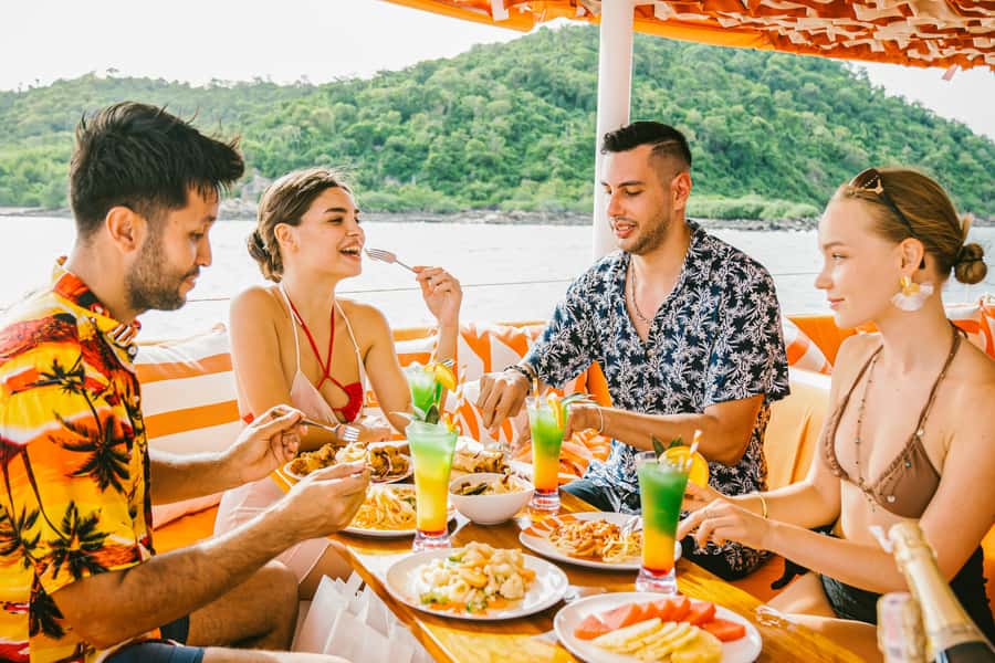 Pattaya: 3-Island Hopping Sunset Yacht & Buffet with Live DJ - The 82-foot yacht setup: BBQ, showers, and space to breathe